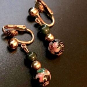 14K GF Cloisonne & Jade Bead Clip-on Earrings